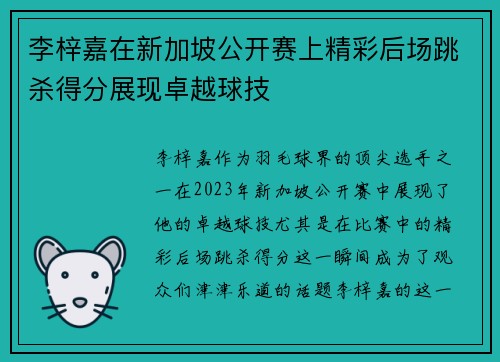 李梓嘉在新加坡公开赛上精彩后场跳杀得分展现卓越球技