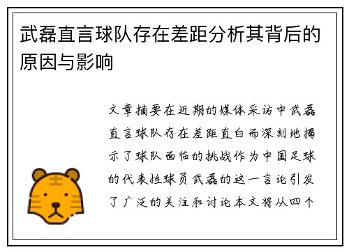武磊直言球队存在差距分析其背后的原因与影响