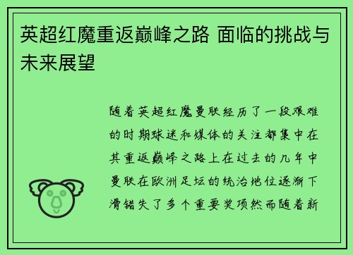 英超红魔重返巅峰之路 面临的挑战与未来展望