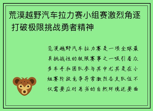 荒漠越野汽车拉力赛小组赛激烈角逐 打破极限挑战勇者精神