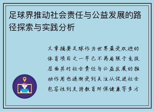 足球界推动社会责任与公益发展的路径探索与实践分析